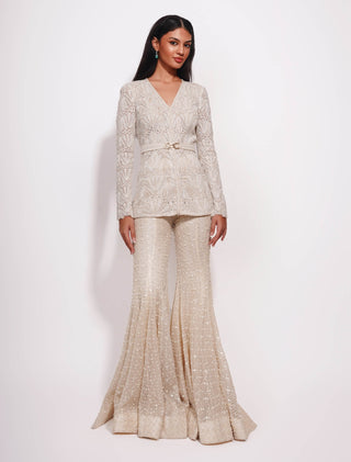 Corduroy ivory mandarin kurta and stardust sharara set