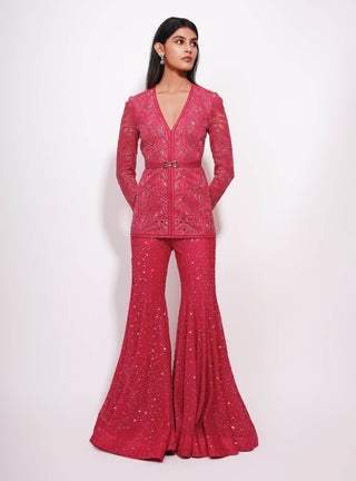 Corduroy fuschia mandarin kurta and stardust sharara set