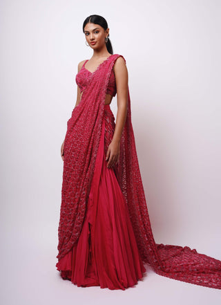 Raaab fuschia pinwheel half lehenga sari and blouse