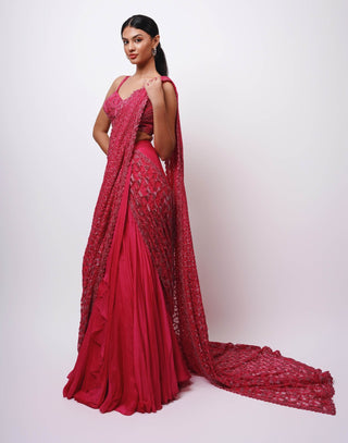Raaab fuschia pinwheel half lehenga sari and blouse