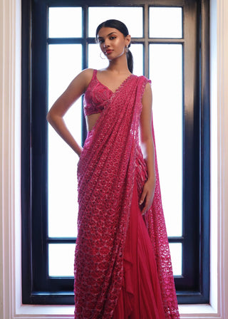 Raaab fuschia pinwheel half lehenga sari and blouse