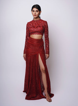 Joyna red blouse and slit skirt