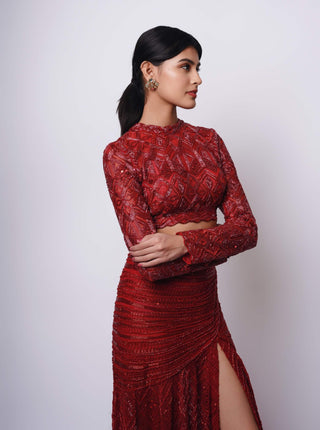 Joyna red blouse and slit skirt