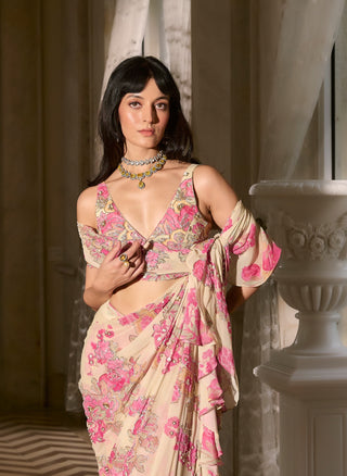Ivory ruffled chiffon pre-draped sari and blouse