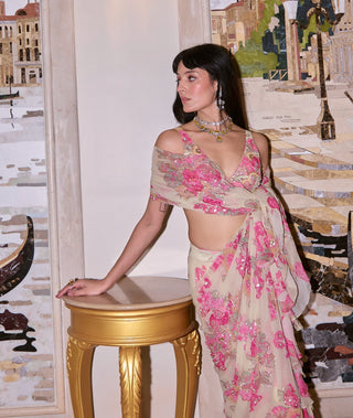 Ivory ruffled chiffon pre-draped sari and blouse