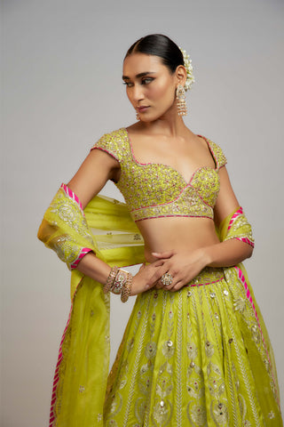 Gopi Vaid-Lime Green Nayla Lehenga Set-INDIASPOPUP.COM