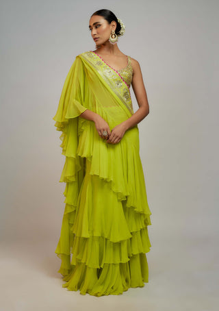 Gopi Vaid-Lime Green Absar Sari And Blouse-INDIASPOPUP.COM