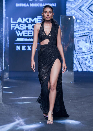 Ritika Mirchandani-Dina Black Slit Sari And Blouse-INDIASPOPUP.COM