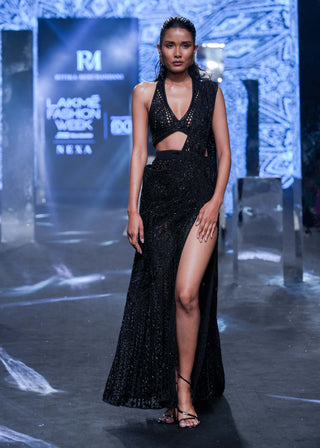 Ritika Mirchandani-Dina Black Slit Sari And Blouse-INDIASPOPUP.COM