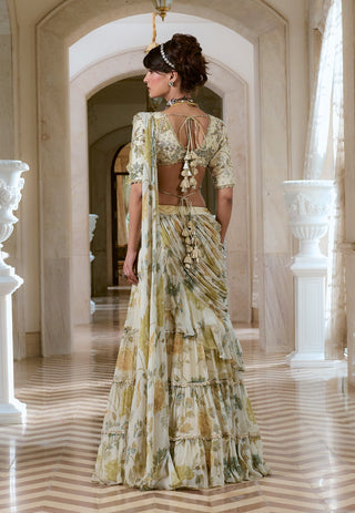 Ivory ruffled chiffon sari and blouse