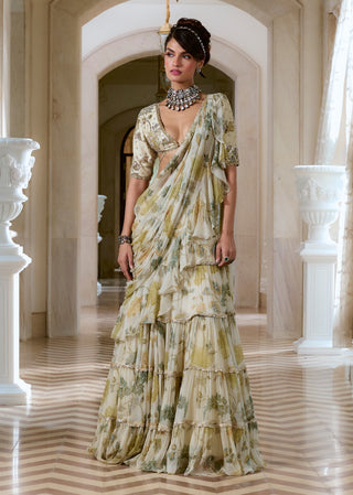 Ivory ruffled chiffon sari and blouse