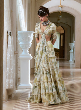 Ivory ruffled chiffon sari and blouse
