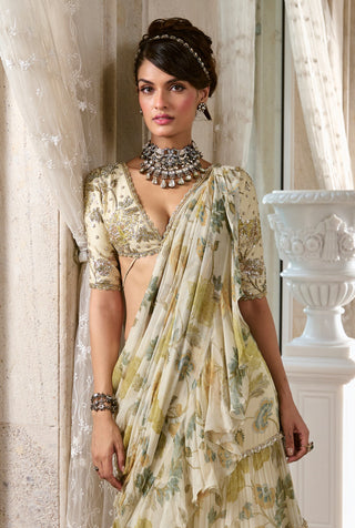 Ivory ruffled chiffon sari and blouse