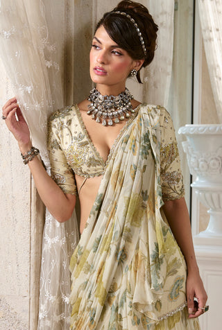 Ivory ruffled chiffon sari and blouse