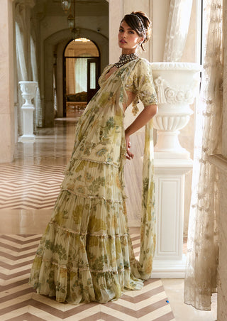 Ivory ruffled chiffon sari and blouse