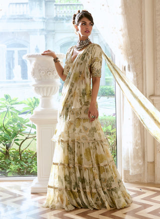Ivory ruffled chiffon sari and blouse