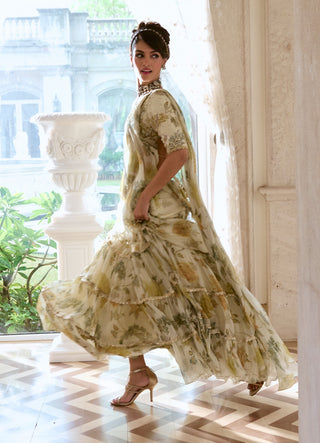 Ivory ruffled chiffon sari and blouse