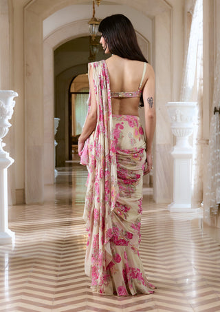 Ivory ruffled chiffon pre-draped sari and blouse