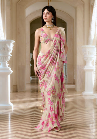 Ivory ruffled chiffon pre-draped sari and blouse