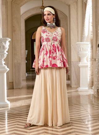Ivory and pink peplum and palazzo