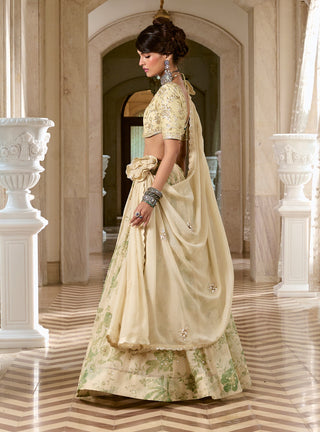 Ivory and green printed lehenga set