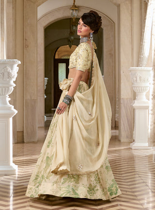 Ivory and green printed lehenga set