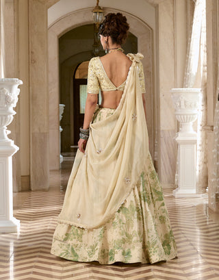 Ivory and green printed lehenga set