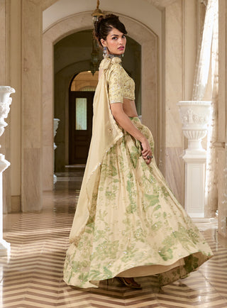 Ivory and green printed lehenga set