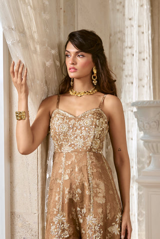 Mocha brown silver jacquard jumpsuit