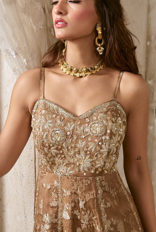 Mocha brown silver jacquard jumpsuit