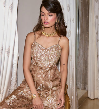 Mocha brown silver jacquard jumpsuit