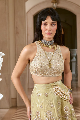 Pistache green silver jacquard skirt set