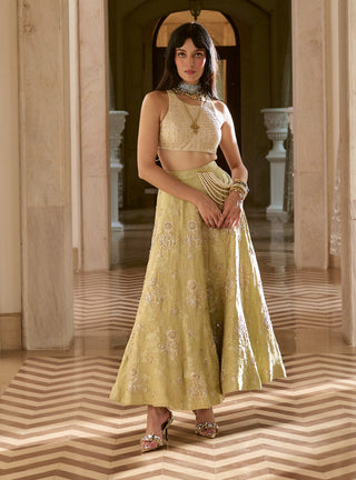 Pistache green silver jacquard skirt set