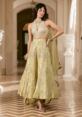 Pistache green silver jacquard skirt set