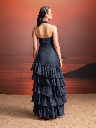 Indigo Hemp Denim Halter Neck Cutout Top And Skirt by Nikita Mhaisalkar available on Indiaspopup.com