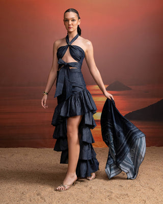 Indigo Hemp Denim Halter Neck Cutout Top And Skirt by Nikita Mhaisalkar available on Indiaspopup.com