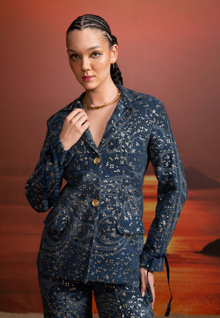 Indigo Print Sheeted Sequins Pantsuit by Nikita Mhaisalkar available on Indiaspopup.com