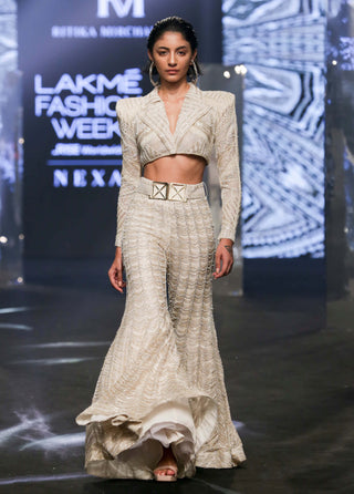 Ritika Mirchandani-Tyla Beige Gold Crop Blazer And Sharara Set-INDIASPOPUP.COM