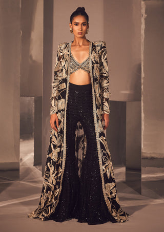 Ritika Mirchandani-Seda Black Gold Sharara And Jacket Set-INDIASPOPUP.COM