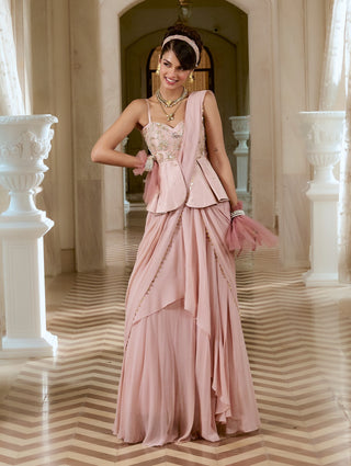 Flamingo pink peplum sari set