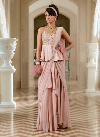 Flamingo pink peplum sari set