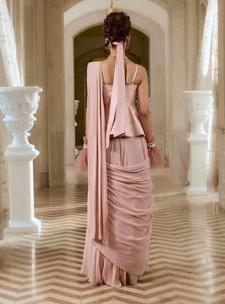 Flamingo pink peplum sari set