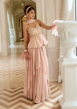 Flamingo pink peplum sari set