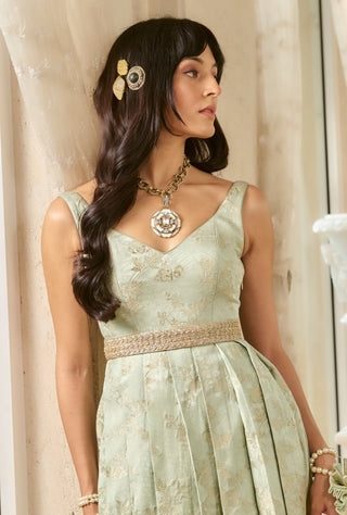 Turquoise jacquard gown and belt