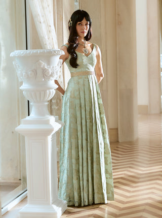Turquoise jacquard gown and belt