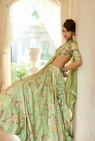 Sage green floral lehenga set