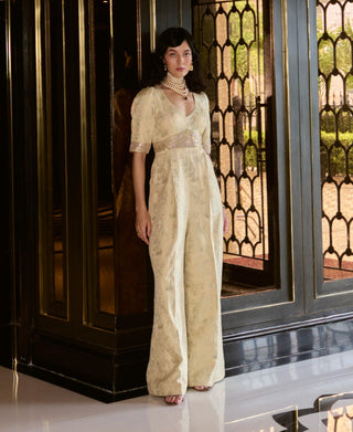 Ivory silver jacquard jumpsuit