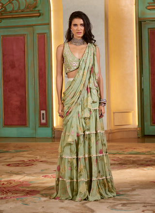 Rich green pre-draped ruffle sari and blouse