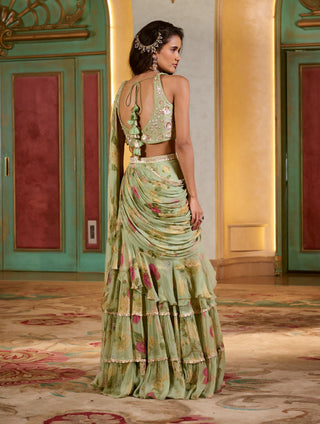 Rich green pre-draped ruffle sari and blouse