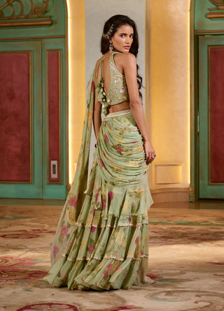 Rich green pre-draped ruffle sari and blouse